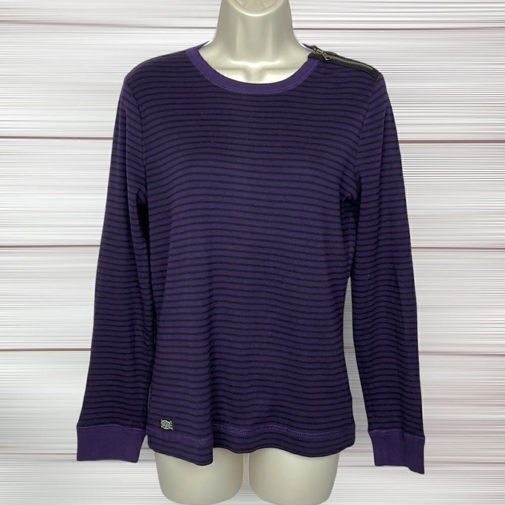 Lauren Ralph Lauren Jeans Co Striped Purple Top Tee Long Sleeves Zip shoulder
